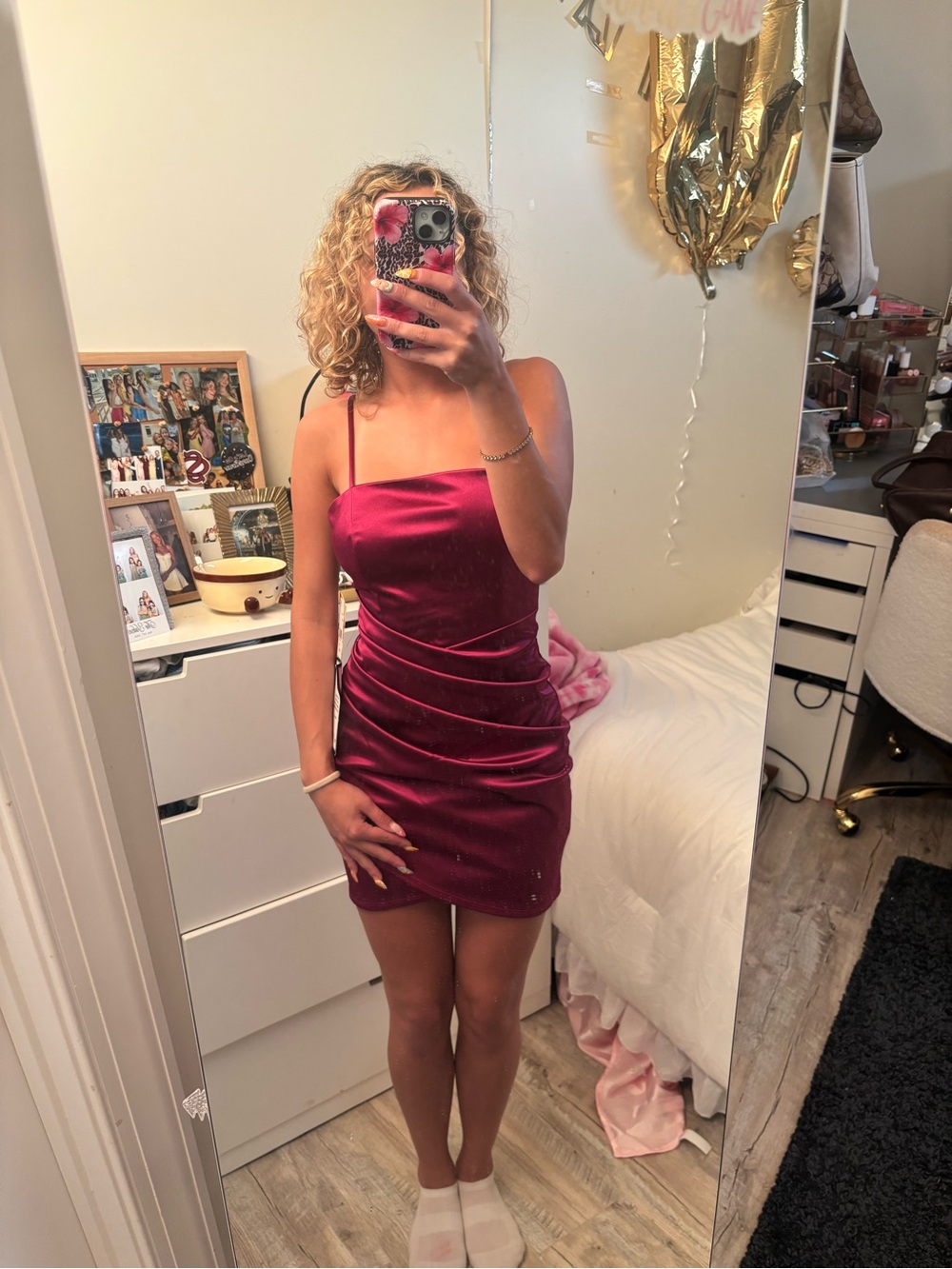 Emerald Sundae Magenta Satin Ruched Mini Dress